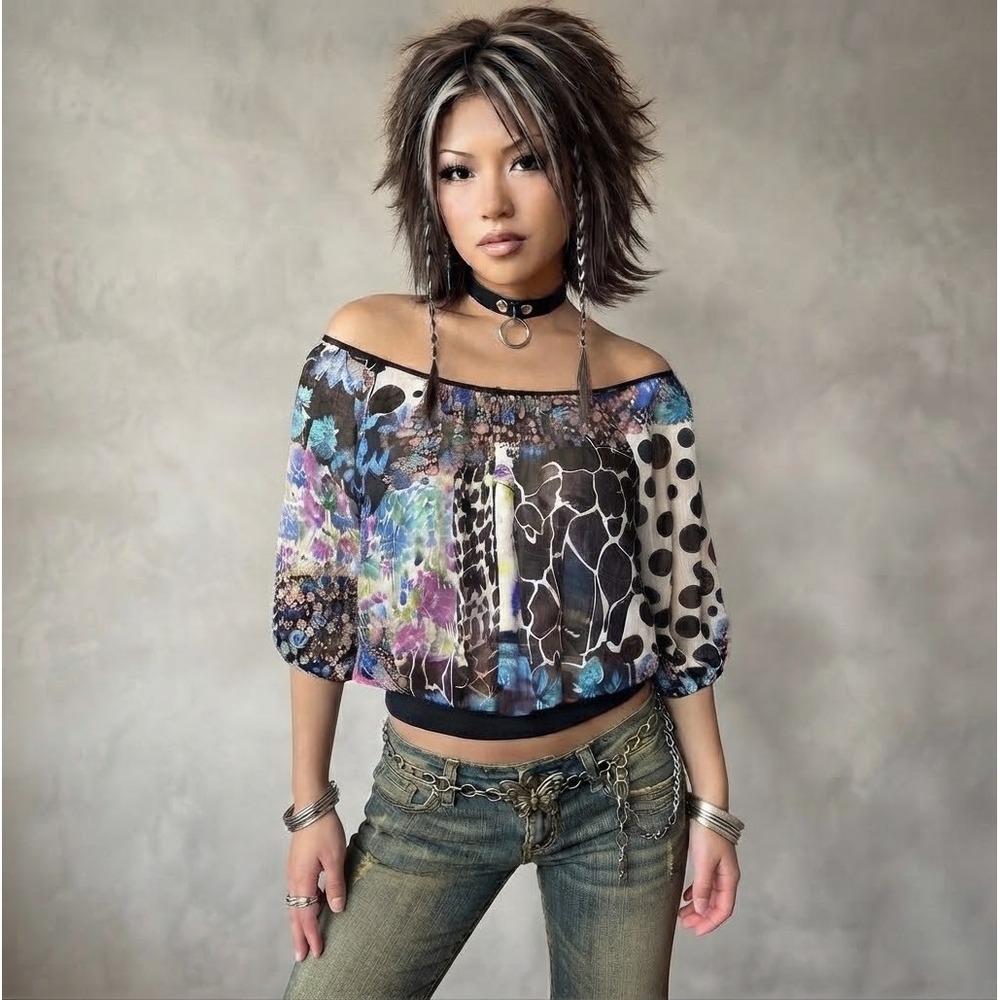 Ultra Pink Women's Medium Y2K Blouse Black Floral Animal Print Sheer Top